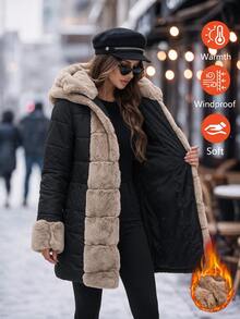 Editum Women's Plush Patchwork Casual Elegant Versatile Winter Hooded Padded Coat Everyday Travel Black - Black - View 4