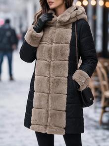 Editum Women's Plush Patchwork Casual Elegant Versatile Winter Hooded Padded Coat Everyday Travel Black - Black - View 8