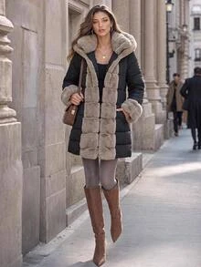 Editum Women's Plush Patchwork Casual Elegant Versatile Winter Hooded Padded Coat Everyday Travel Black - Black - View 3