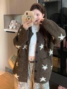 Livesso Women's Brown & White Star Pattern Lapel Button Pocket Loose Fuzzy Knit Long Sleeve Cardigan - Brown - View 10