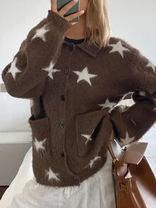Livesso Women's Brown & White Star Pattern Lapel Button Pocket Loose Fuzzy Knit Long Sleeve Cardigan - Brown - View 9