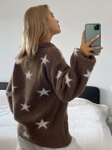 Livesso Women's Brown & White Star Pattern Lapel Button Pocket Loose Fuzzy Knit Long Sleeve Cardigan - Brown - View 5