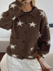 Livesso Women's Brown & White Star Pattern Lapel Button Pocket Loose Fuzzy Knit Long Sleeve Cardigan - Brown - View 4