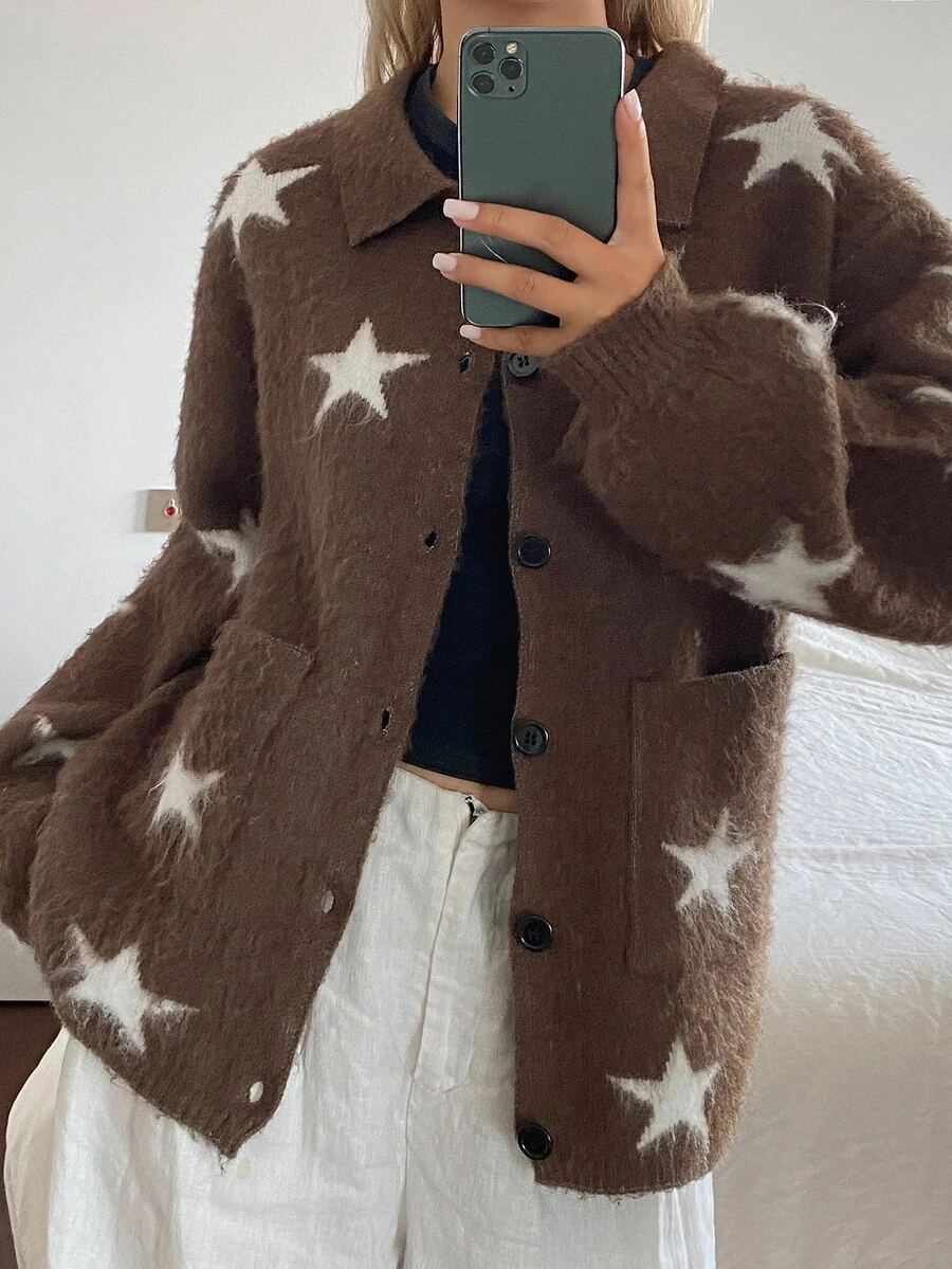 Livesso Women's Brown & White Star Pattern Lapel Button Pocket Loose Fuzzy Knit Long Sleeve Cardigan - Brown - View 1