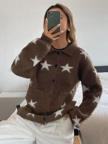 Livesso Women's Brown & White Star Pattern Lapel Button Pocket Loose Fuzzy Knit Long Sleeve Cardigan - Brown - View 6