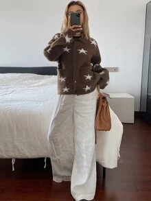 Livesso Women's Brown & White Star Pattern Lapel Button Pocket Loose Fuzzy Knit Long Sleeve Cardigan - Brown - View 3