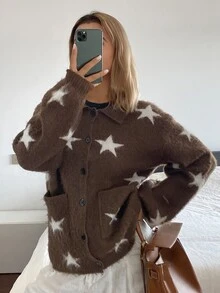 Livesso Women's Brown & White Star Pattern Lapel Button Pocket Loose Fuzzy Knit Long Sleeve Cardigan - Brown - View 2