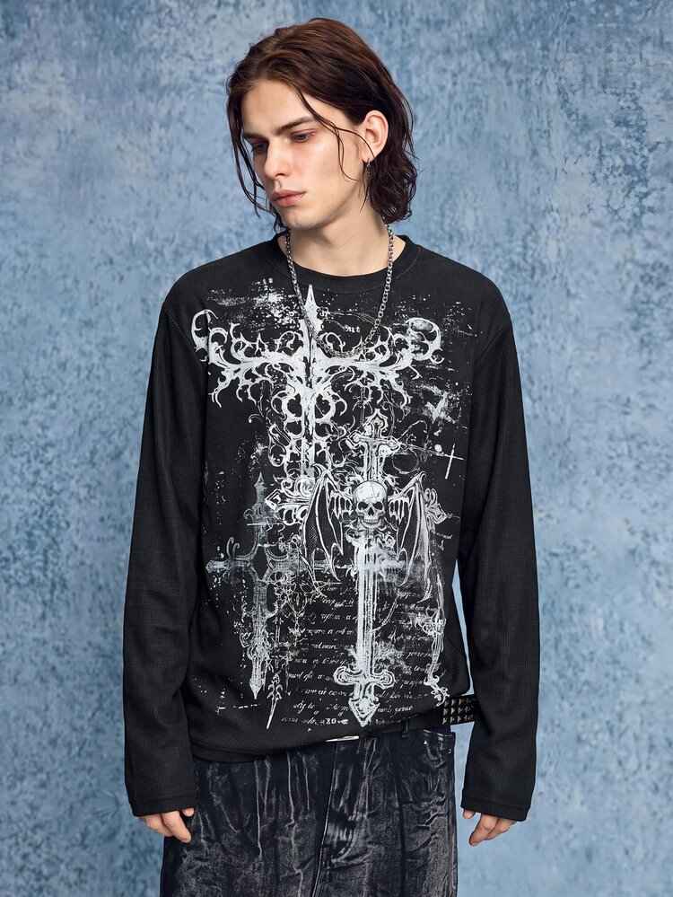 ROMWE MEN Men's Skull Print Long Sleeve Crew Neck Casual Pullover Sweatshirt - Black - View 5