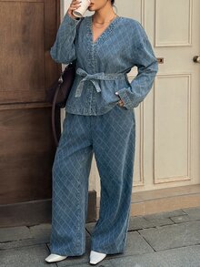 Dazy Plus V-Neck Long Sleeve Tie Waist Blue Diamond Quilted Denim Fabric Loose Wide Leg Pants Denim Set Fall - Medium Wash - View 9
