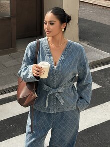 Dazy Plus V-Neck Long Sleeve Tie Waist Blue Diamond Quilted Denim Fabric Loose Wide Leg Pants Denim Set Fall - Medium Wash - View 2