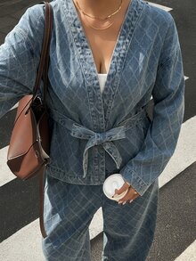 Dazy Plus V-Neck Long Sleeve Tie Waist Blue Diamond Quilted Denim Fabric Loose Wide Leg Pants Denim Set Fall - Medium Wash - View 4