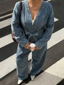 Dazy Plus V-Neck Long Sleeve Tie Waist Blue Diamond Quilted Denim Fabric Loose Wide Leg Pants Denim Set Fall - Medium Wash - View 5