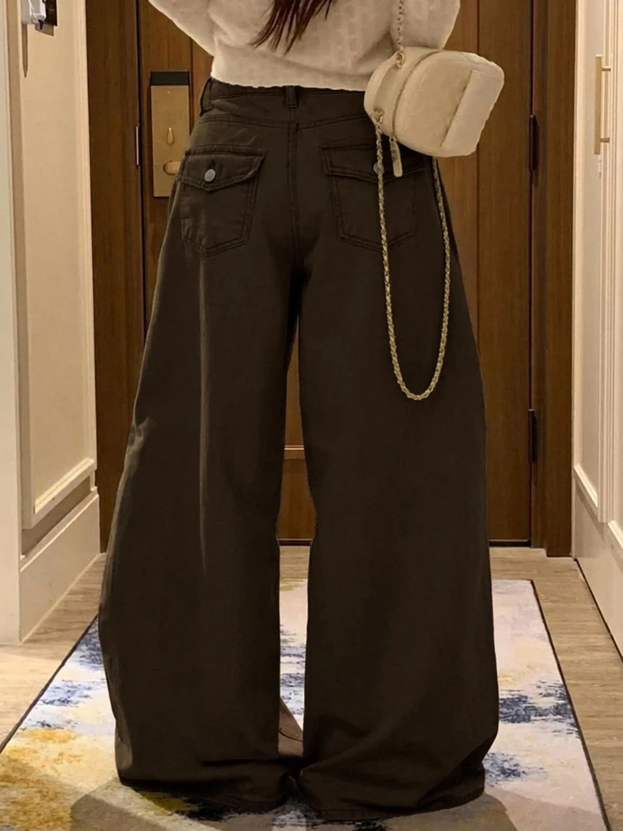 DAZY Vintage Washed Loose High Waist Slimming Wide Leg Straight Dragging Jeans Fall - Brown - View 1