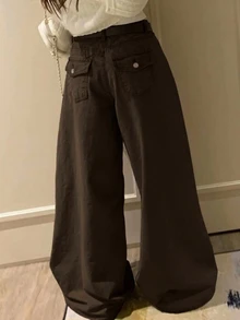 DAZY Vintage Washed Loose High Waist Slimming Wide Leg Straight Dragging Jeans Fall - Brown - View 3