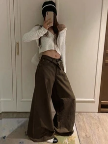 DAZY Vintage Washed Loose High Waist Slimming Wide Leg Straight Dragging Jeans Fall - Brown - View 5