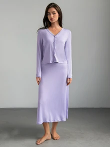Livesso Women's Fashion Spaghetti Strap Dress With Button Long Sleeve Pajama Set Fall - Purple - View 4