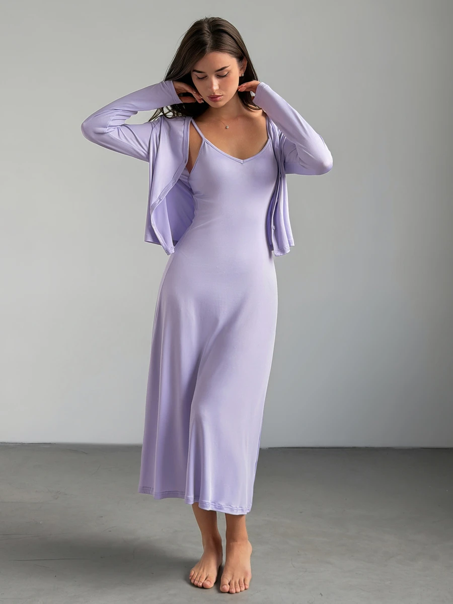 Livesso Women's Fashion Spaghetti Strap Dress With Button Long Sleeve Pajama Set Fall - Purple - View 1