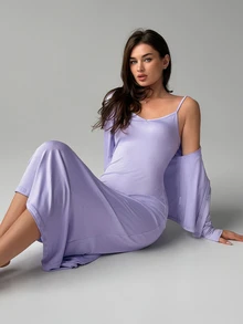 Livesso Women's Fashion Spaghetti Strap Dress With Button Long Sleeve Pajama Set Fall - Purple - View 3