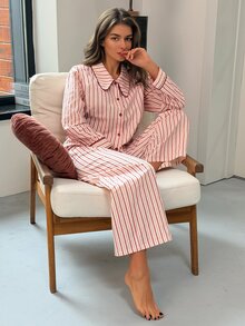 DAZY 女款條紋長袖單排扣上衣與長褲睡衣套裝 秋季 - 白色 - 查看 9