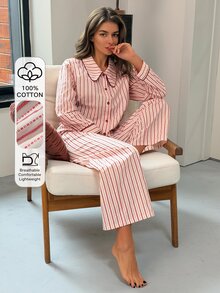 DAZY 女款條紋長袖單排扣上衣與長褲睡衣套裝 秋季 - 白色 - 查看 6