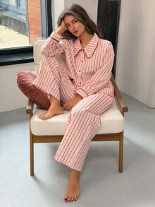 DAZY 女款條紋長袖單排扣上衣與長褲睡衣套裝 秋季 - 白色 - 查看 8