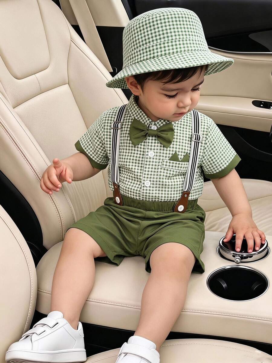 SHEIN 男嬰綠色格紋鼠尾草綠格子襯衫吊帶短褲4件套可愛套裝 含帽子蝴蝶結 嬰兒幼兒生日家庭穿搭度假款 - 軍綠色 - 查看 1
