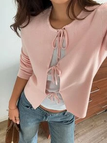 Strévra Women's Pink Round Neck Button Cable Knit Long Sleeve Slim Fit Ribbed Cardigan, Autumn/Winter - Pink - View 1