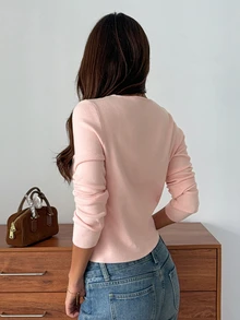 Strévra Women's Pink Round Neck Button Cable Knit Long Sleeve Slim Fit Ribbed Cardigan, Autumn/Winter - Pink - View 2