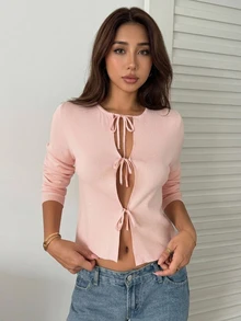 Strévra Women's Pink Round Neck Button Cable Knit Long Sleeve Slim Fit Ribbed Cardigan, Autumn/Winter - Pink - View 5