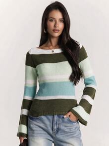 SHEIN BAE Regular Women's Striped Contrast Color Pullover Sweater - Multicolor - View 8