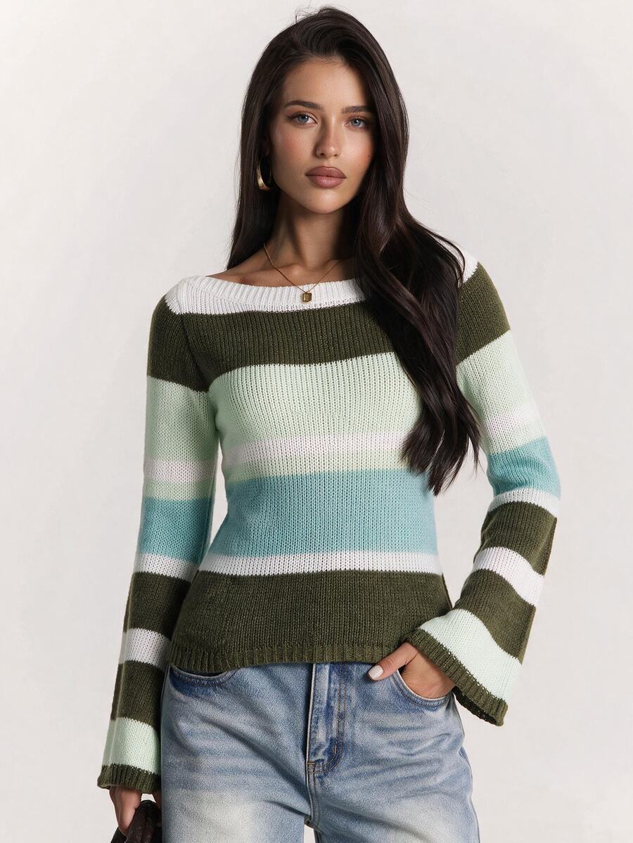 SHEIN BAE Regular Women's Striped Contrast Color Pullover Sweater - Multicolor - View 1