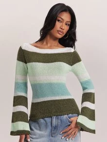 SHEIN BAE Regular Women's Striped Contrast Color Pullover Sweater - Multicolor - View 6