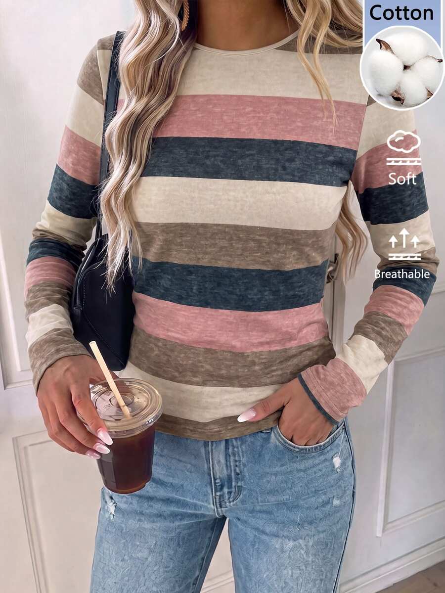 Easowa 秋冬款 95%棉 米色條紋印花 極簡休閒 米色對比色 女款船領長袖全印花T恤 - 彩色 - 查看 1