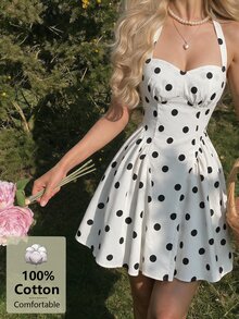 SHEIN MOD 女款棉質波點掛脖無袖抓皺胸前A字迷你白色可愛甜美風洋裝，適合聖誕派對與秋季穿搭 - 黑與白 - 查看 3