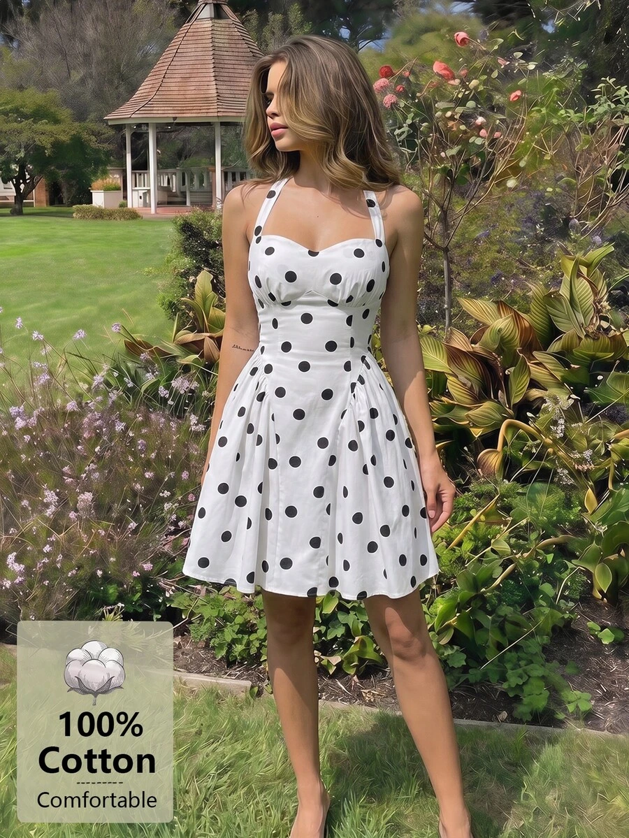 SHEIN MOD 女款棉質波點掛脖無袖抓皺胸前A字迷你白色可愛甜美風洋裝,適合聖誕派對與秋季穿搭 - 黑與白 - 查看 1