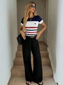 SHEIN LUNE Casual Minimalist Women's Crew Neck Fitted Short Sleeve T-Shirt, Suitable For Spring And Summer - Multicolor - View 5
