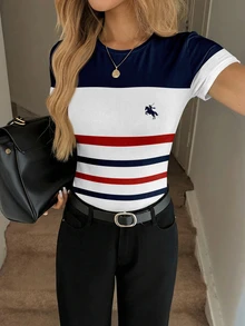 SHEIN LUNE Casual Minimalist Women's Crew Neck Fitted Short Sleeve T-Shirt, Suitable For Spring And Summer - Multicolor - View 6
