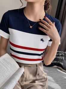 SHEIN LUNE Casual Minimalist Women's Crew Neck Fitted Short Sleeve T-Shirt, Suitable For Spring And Summer - Multicolor - View 8