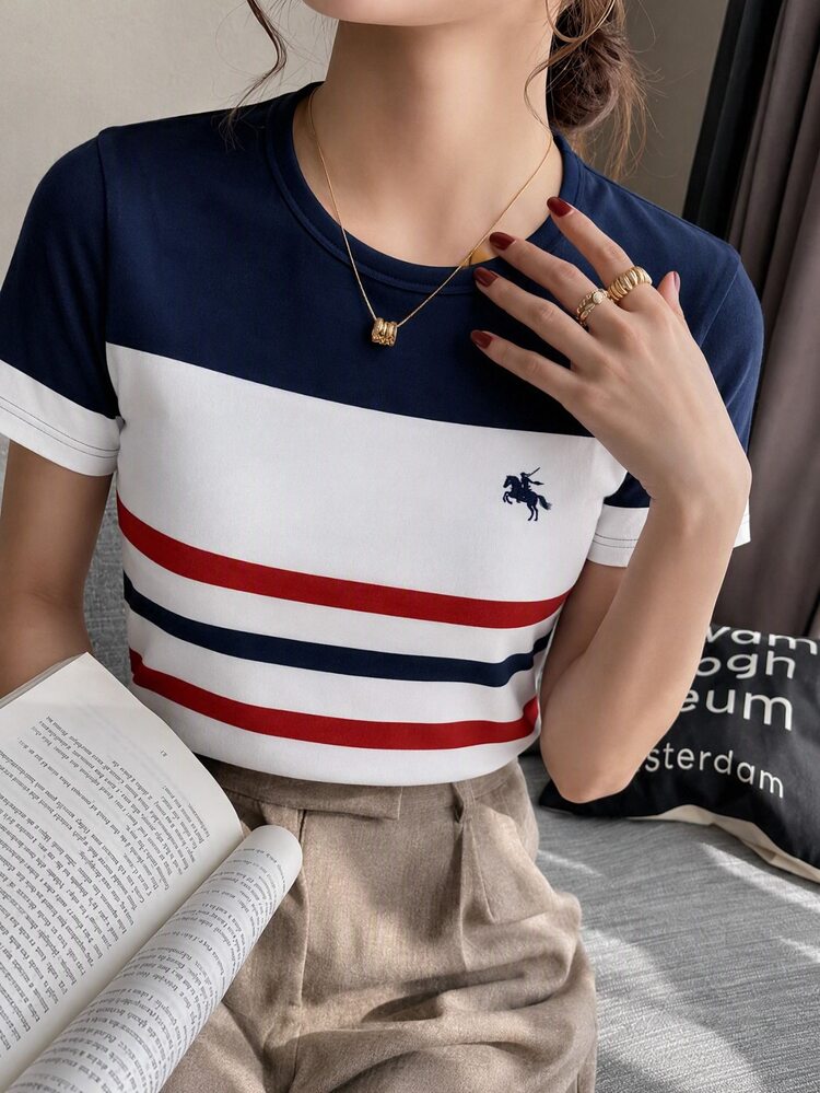SHEIN LUNE Camiseta de manga corta ajustada con cuello redondo, estilo casual y minimalista para mujer, adecuada para primavera y verano - Multicolor - Añade 7
