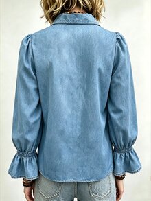 Linhara 大尺碼時尚牛仔效果印花燈籠袖收口襯衫 冬季外出度假淺藍色波希米亞休閒風 - 彩色 - 查看 2