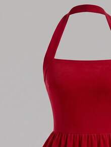 SHEIN Young Girls Casual Fashion Polka Dot Halter Neck A-Line Dress - Red - View 7