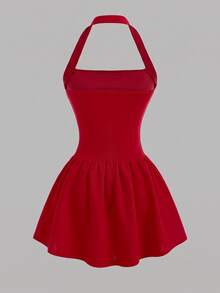 SHEIN Young Girls Casual Fashion Polka Dot Halter Neck A-Line Dress - Red - View 3