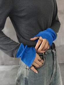 FRIFUL 女款初秋新款韓式圓領拼接撞色長袖T恤 - 灰色 - 查看 5
