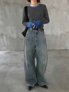 FRIFUL 女款初秋新款韓式圓領拼接撞色長袖T恤 - 灰色 - 查看 7