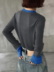 FRIFUL 女款初秋新款韓式圓領拼接撞色長袖T恤 - 灰色 - 查看 2