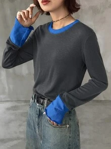 FRIFUL 女款初秋新款韓式圓領拼接撞色長袖T恤 - 灰色 - 查看 4
