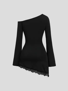 Sweetra Women's New Fashion Versatile Elastic Knit Waist-Cinched A-Line Dress With Asymmetrical Neckline, Flared Hem And Asymmetrical Slanted Hemline Short Dress - Black - View 2
