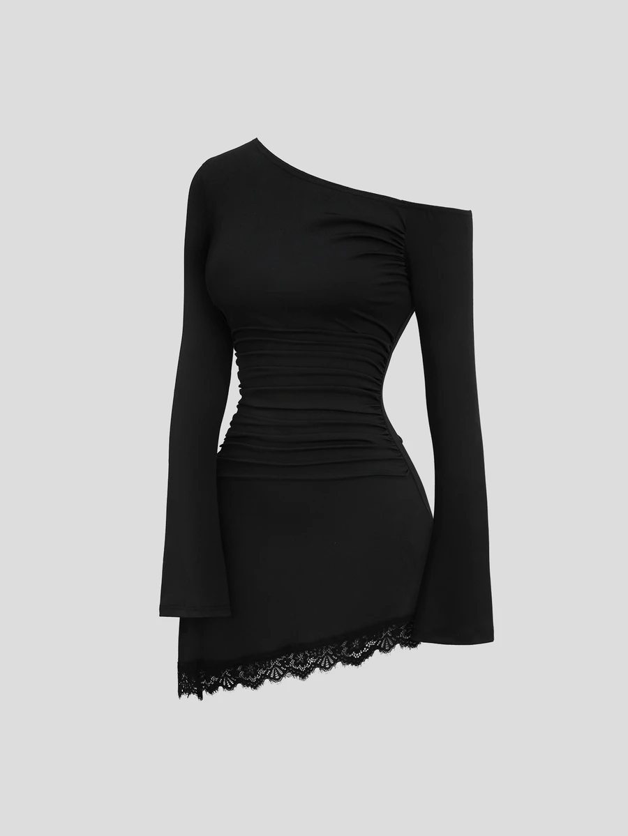 Sweetra Women's New Fashion Versatile Elastic Knit Waist-Cinched A-Line Dress With Asymmetrical Neckline, Flared Hem And Asymmetrical Slanted Hemline Short Dress - Black - View 1