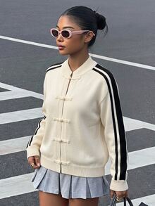 SHEIN 青少年女孩中式風格青蛙鈕扣黃色開襟衫 秋季夾克 立領長袖針織衫 - 黃色 - 查看 12