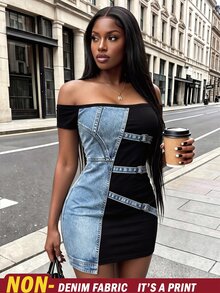 Rovax New Hot-Selling Denim Effect Print Sexy Rave Techno Sensual Women's Short Dress Going Out Night Out Club Black Fall - Multicolor - View 6